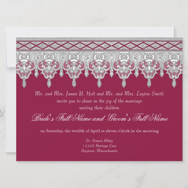 Tear Drop Lace, Burgundy Red - Wedding Invite (Front)
