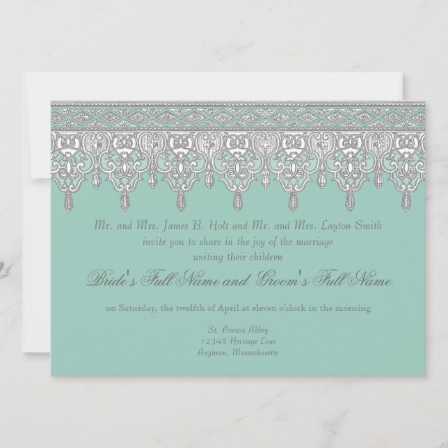 Tear Drop Lace, Light Aqua Blue - Wedding Invite (Front)