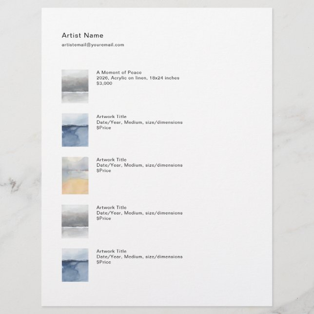 Tear Sheet Price List Template for Art (Front)