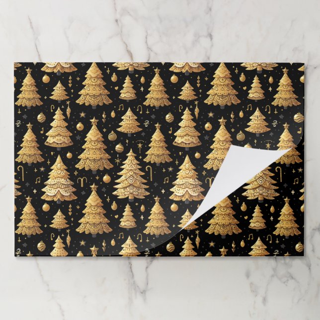 Tearaway Gold Christmas Trees Paper Placemats (Folded)