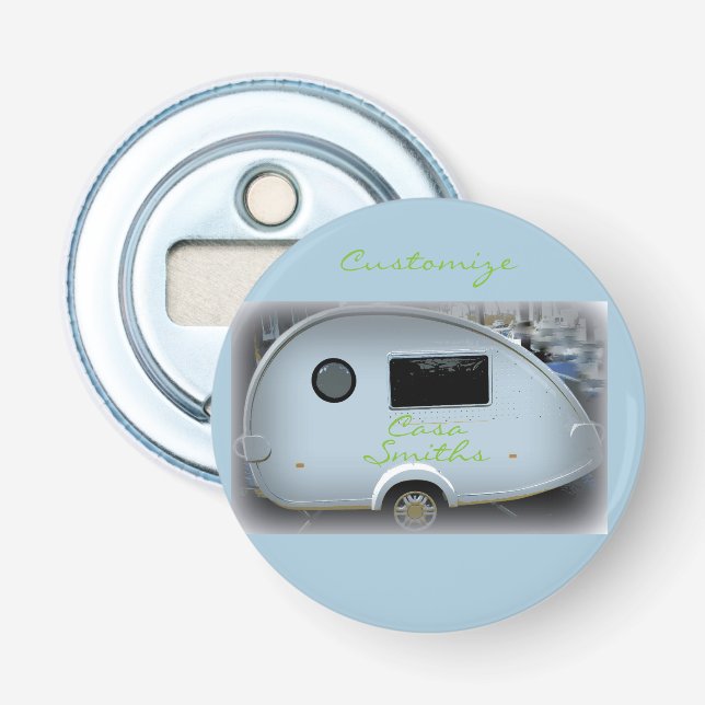 Teardrop gypsy caravan happy glamping bottle opener (Front)