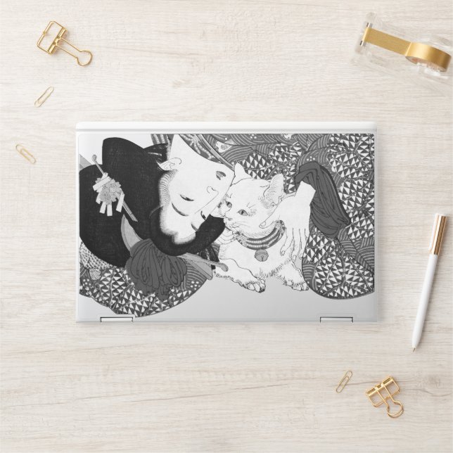 Teasing the cat cool black and white HP laptop skin (Desk)