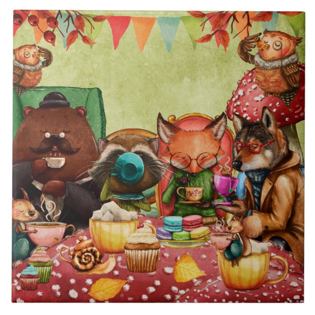 Teatime in Forest with Woodland Friends Ceramic Tile (Front)