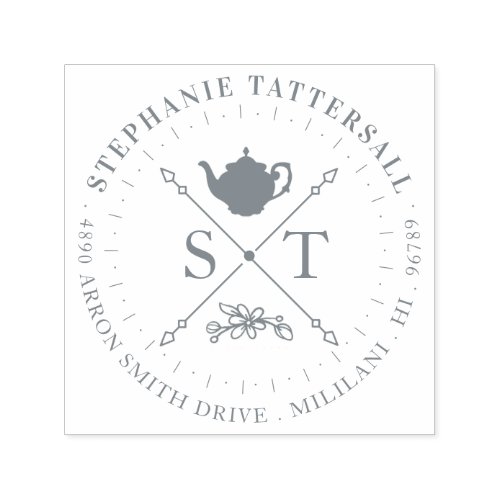 Teatime Vintage Teapot Monogram  Address Crest Self_inking Stamp