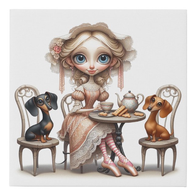 Teatime with Doxie Friends Faux Canvas Print (Front)