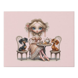 Teatime with Doxie Friends Faux Canvas Print
