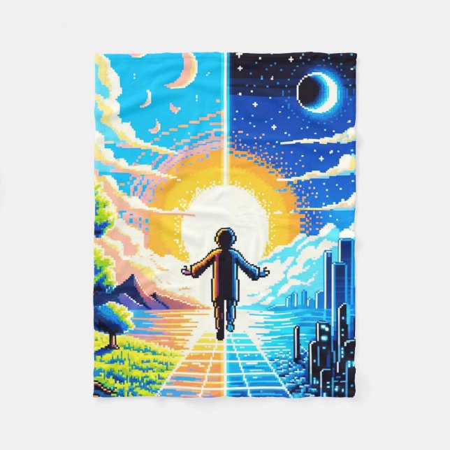Tech and Nature Harmony - 8-bit Pixel Art Fleece Blanket (Front)