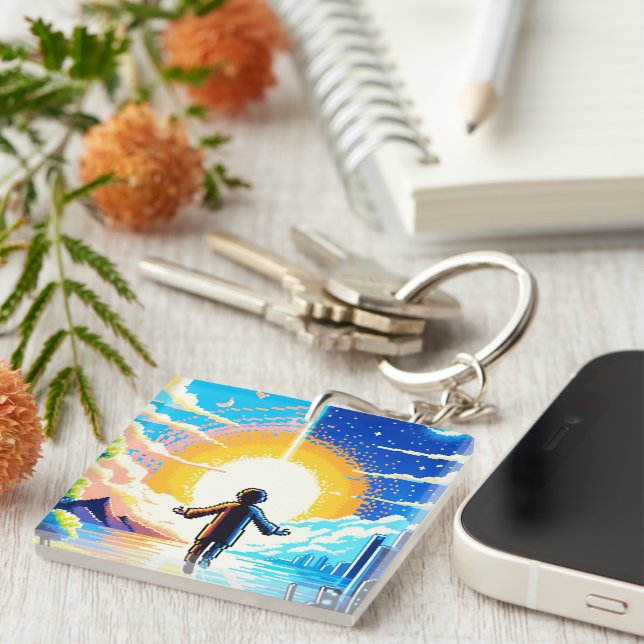 Tech and Nature Harmony - 8-bit Pixel Art Keychain (Front Right)