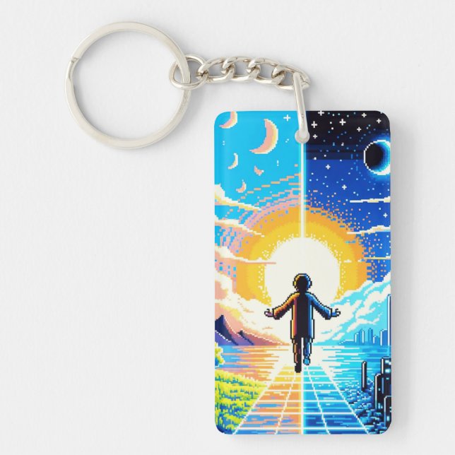 Tech and Nature Harmony - 8-bit Pixel Art Keychain (Front)
