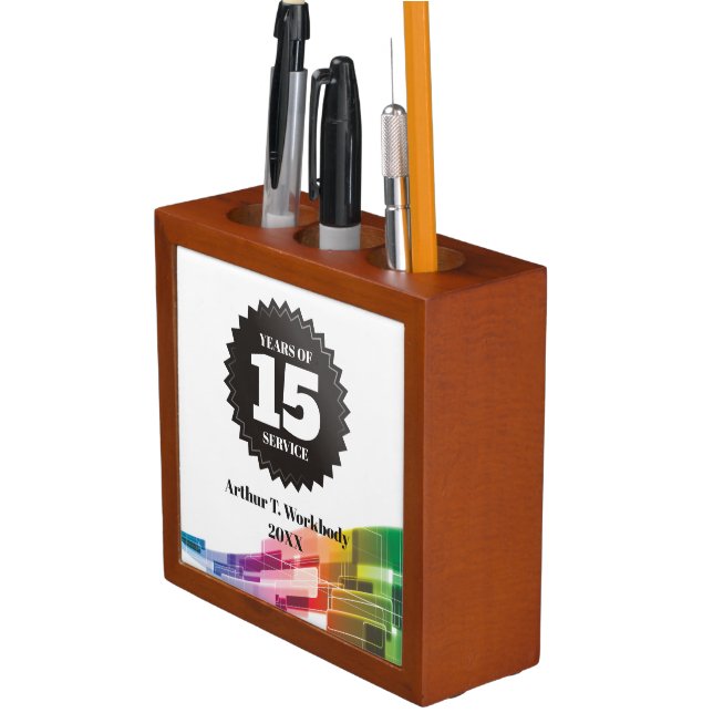 Tech curve 15 year employee anniversary award desk organizer (In Situ)