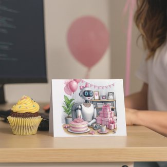 Tech Girls Pink Sparkle Robot Birthday Card