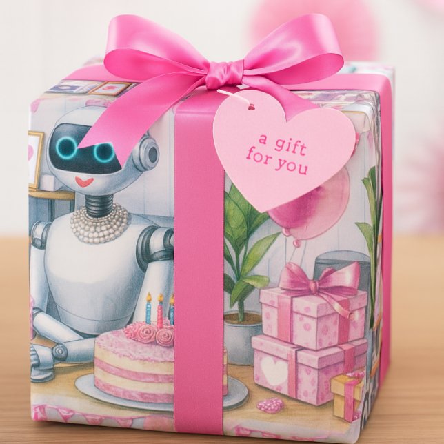 Tech-savvy Girls Robot Birthday  Wrapping Paper (Wrapped in whimsy, this robot-themed birthday gift brings futuristic charm to your celebration.)