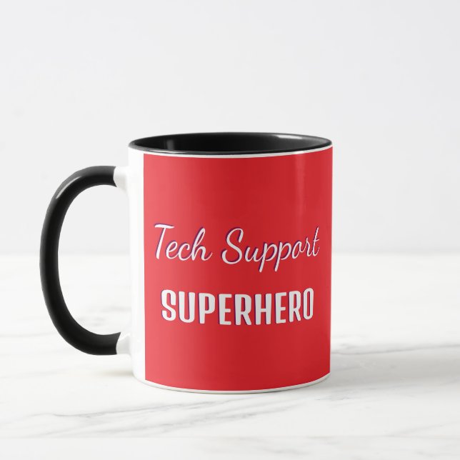 Tech Support Superhero Funny Humor Monogrammed Red Mug (Left)