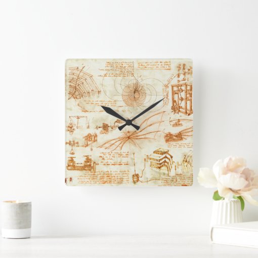Technical drawing & sketches by Leonardo Da Vinci Square Wall Clock Zazzle