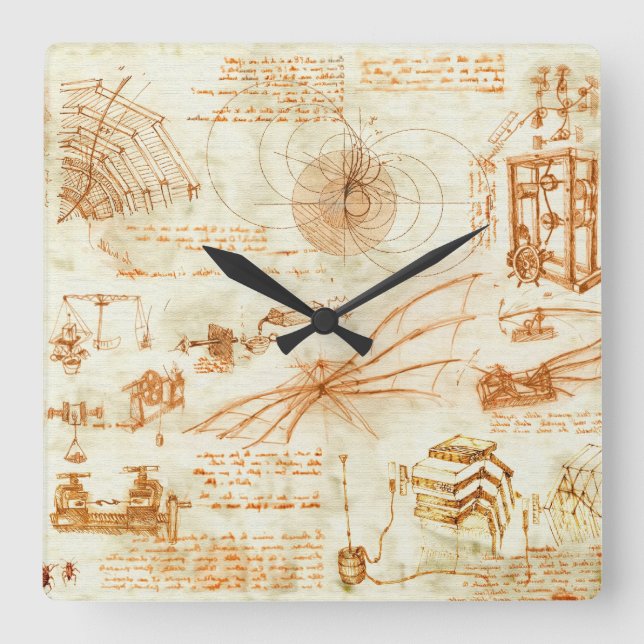 Technical drawing & sketches by Leonardo Da Vinci Square Wall Clock (Front)