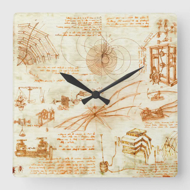 Technical drawing & sketches by Leonardo Da Vinci Square Wall Clock Zazzle