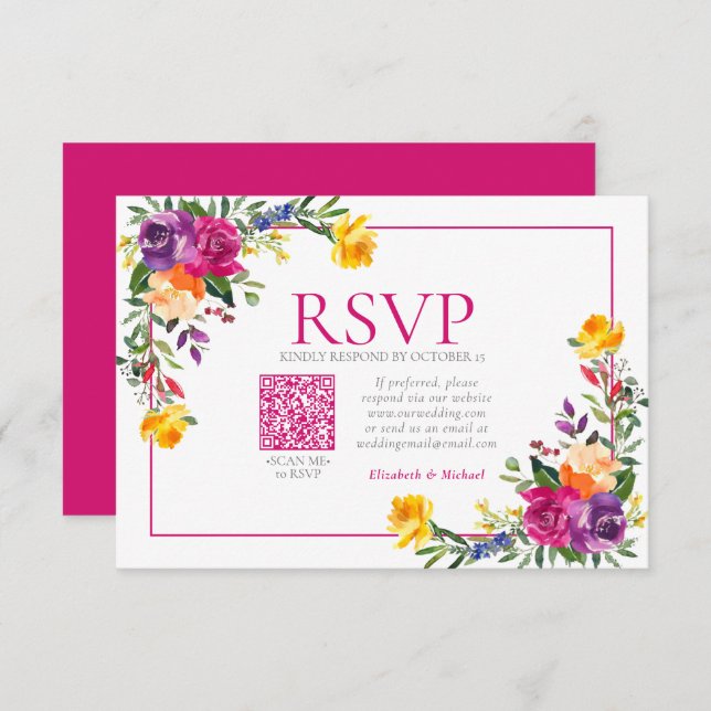 Technicolor Boho Floral QR Code Wedding RSVP (Front/Back)