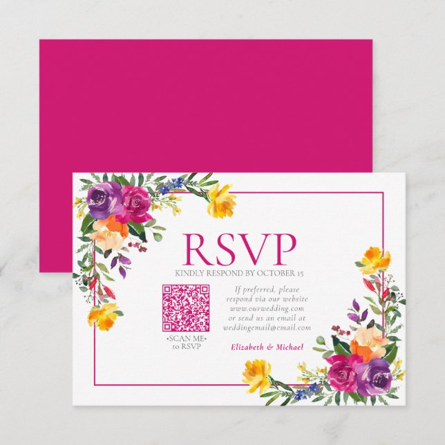 Technicolor Boho Floral QR Code Wedding RSVP Card (Front/Back)