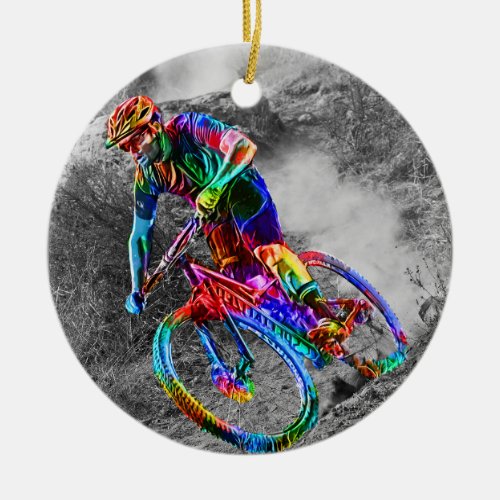 Technicolor Mountain Biker Racing Down a Trail Ceramic Ornament