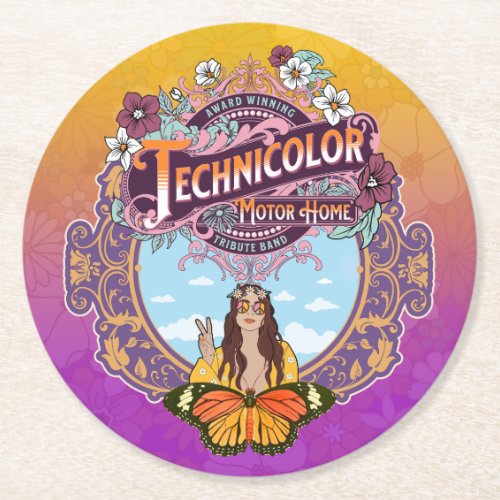 Technicolor Peace Round Paper Coaster