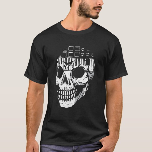 Techno Analog Modular Synthesizer Skull Synth Nerd T-Shirt (Front)
