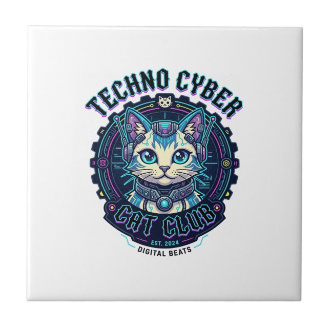Techno Cyber Cat Funny Cat Lover Design - Techno C Ceramic Tile (Front)