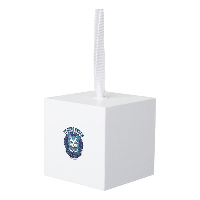 Techno Cyber Cat Funny Cat Lover Design - Techno C Cube Ornament (Back Angled)
