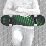 Techno Cyber Green Stripes Black Skateboard<br><div class="desc">Vibrant bright green and black stripes seem to glow in the dark like neon lights. It's edgy and brillant with a high-tech futuristic cyberspace abstract design.  Personalize it with Initials.

This image is original photography by JLW_PHOTOGRAPHY.</div>
