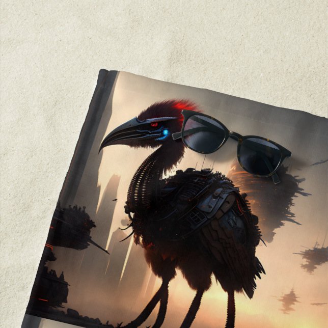 "Techno-Feathers: The Futuristic Emu Robot" Beach Towel (In Situ)