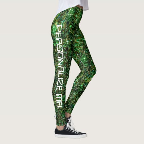 Techno Geek Green Galaxy Glitter CUSTOM TEXT Leggings