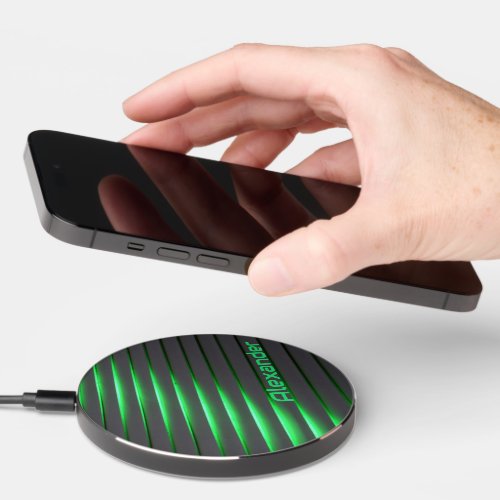 Techno Green Stripes and Black with Name Wireless Charger