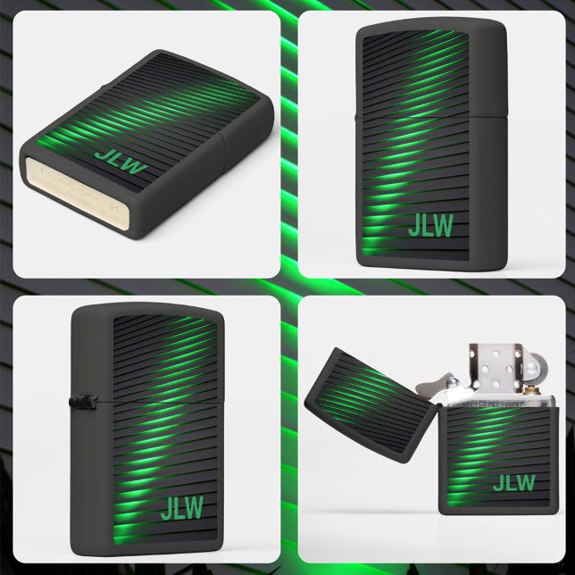 Techno Green Stripes with Initials Black Zippo Lighter (Creator Uploaded)