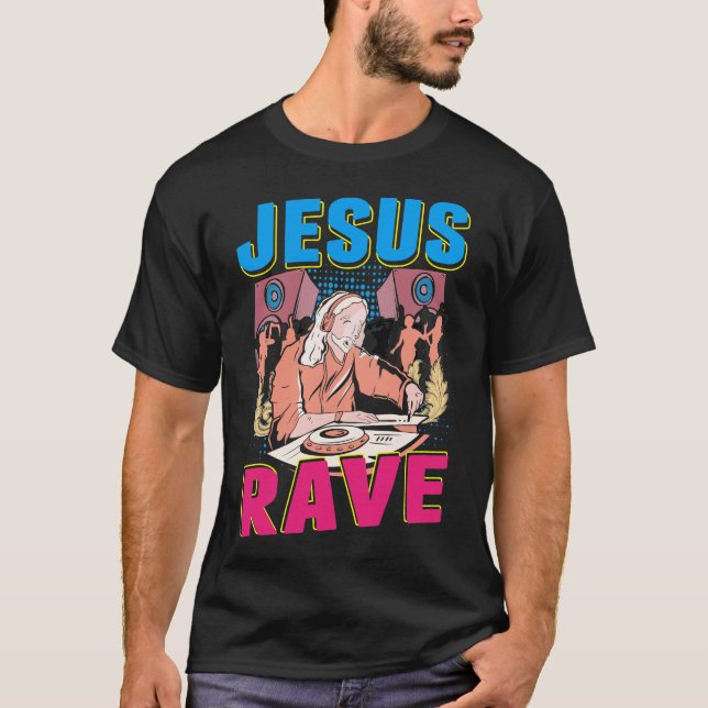Techno Jesus Religion Retro Electronic Bass Music T-Shirt (Front)
