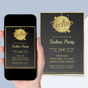 Techno music themed gold disco ball party invitation