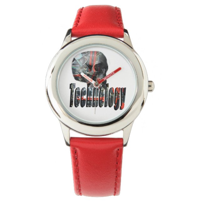 Technology Skull & Logo Kids Red Leather Watch (Front)