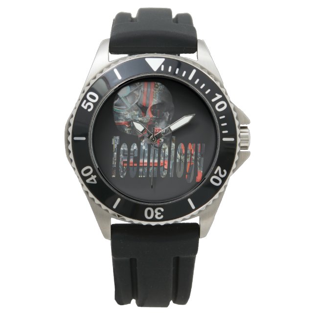Technology Skull & Logo Mens Black Rubber Watch (Front)