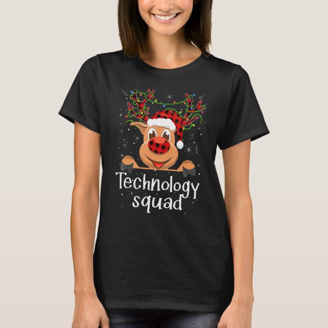 Technology Squad Reindeer Plaid Santa Hat Teacher  T-Shirt (Front)