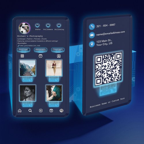 Techy IG Add Photos Photography Navy Blue QR Code Business Card