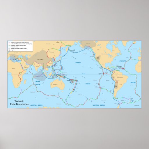 Tectonic Plates and Movement Vectors World Map Poster | Zazzle