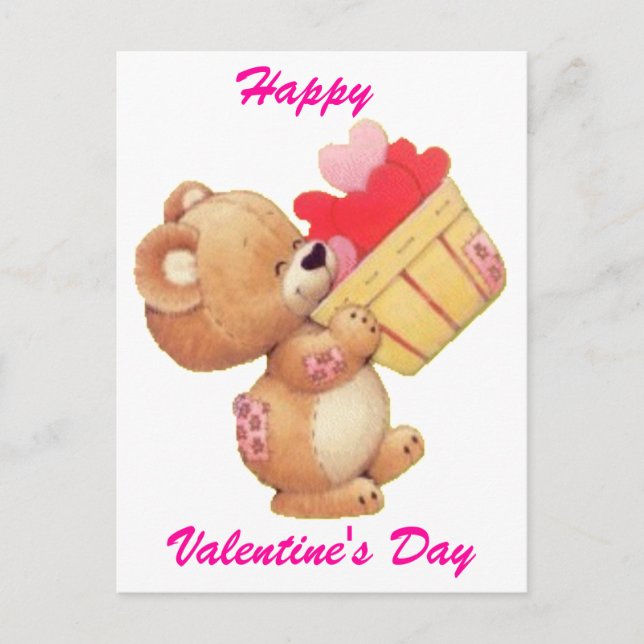 Teddy And A Basket Of Hearts Holiday Postcard (Front)