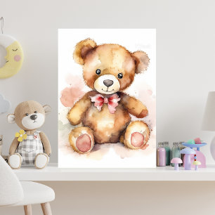 Teddy baby bear with a bow watercolor poster