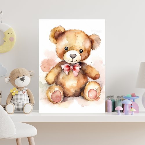 Teddy baby bear with a bow watercolor  poster