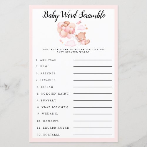 Teddy Baby Shower Pink Baby Word Scramble Game