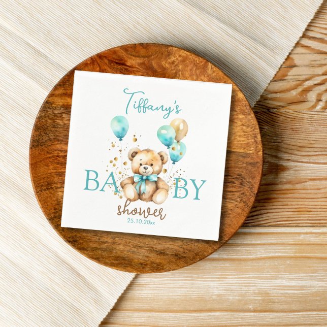 Teddy baby shower tableware cute aqua brown napkins (Teddy bear baby shower personalized napkins cute fluffy teddy with balloons napkins aqua blue gold)