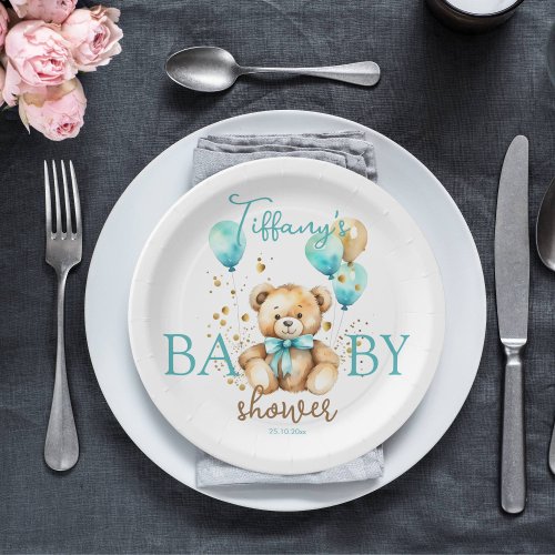 Teddy baby shower tableware cute aqua brown paper plates