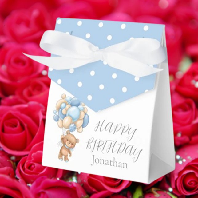 Teddy Balloon Bearly  Wait Birthday Boy Blue Favor Favor Boxes (Celebrate your little one's special day with our Teddy Balloon Bearly Wait Birthday Boy Blue Favor B)
