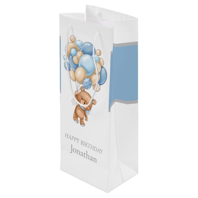 Teddy Balloon Bearly Wait Birthday Boy  Wine Gift Bag (Back Angled)