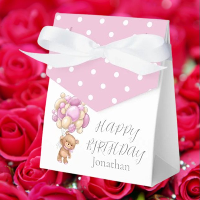 Teddy Balloon Bearly  Wait Birthday Girl Pink Favor Boxes (Delight your birthday girl with our adorable Teddy Balloon Bearly Wait favor boxes! )