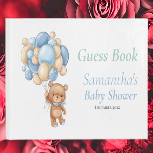 Teddy Balloons Baby Shower Blue Boy Guest Book