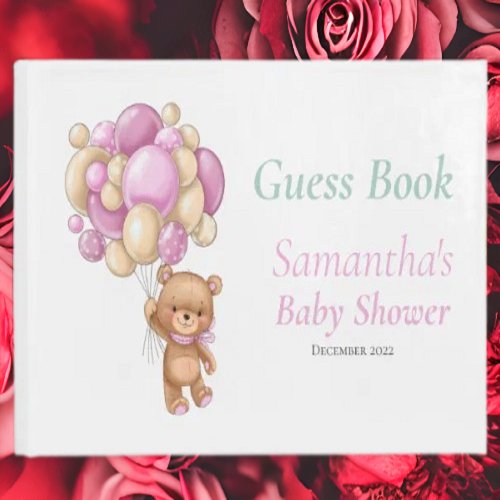 Teddy Balloons Baby Shower Pink Guest Book